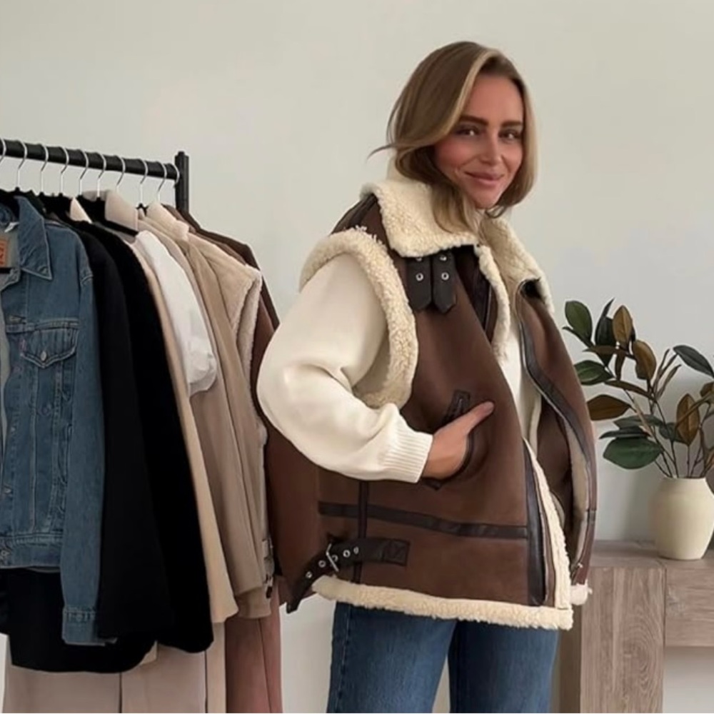 7 For All Mankind Brown Leather Shearling Vest